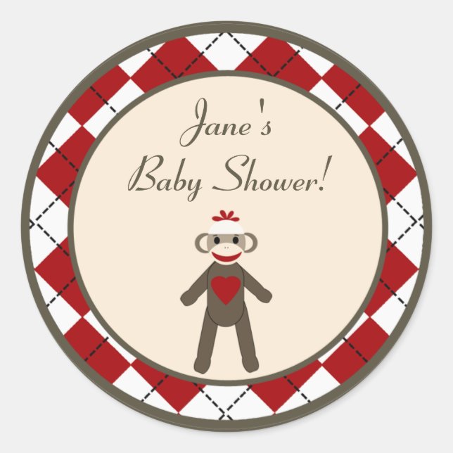 6 - 3"  Favour Stickers Red Sock Monkey Argyle (Front)