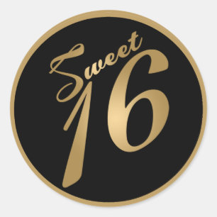 6 - 3"  Favour Stickers Sweet 16 Gold Black