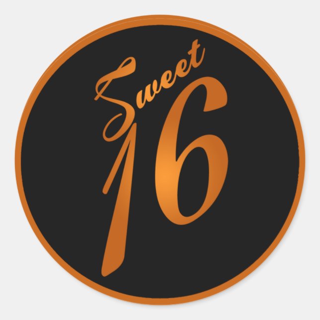 6 - 3"  Favour Stickers Sweet 16 Orange Black (Front)