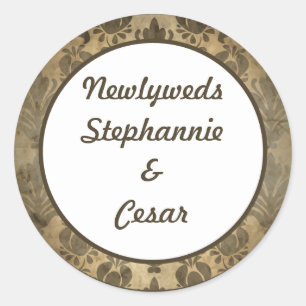 6 - 3" Favour Stickers Vintage Brown Damask