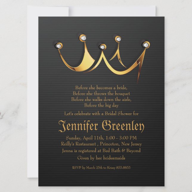 6.5" x 8.75" Gold Royal Queen Crown Bridal Shower Invitation (Front)