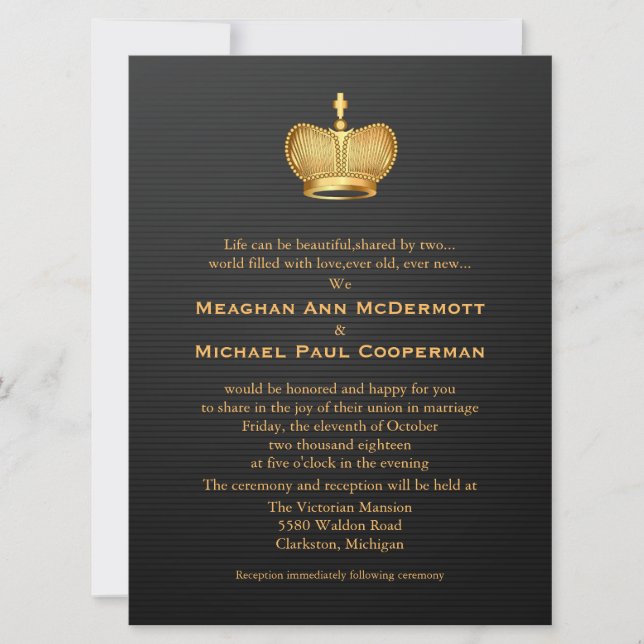 6.5" x 8.75" Golden Royal Queen Crown Wedding Invitation (Front)