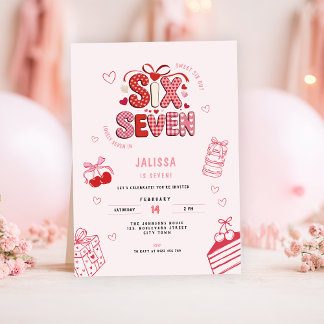 6 7 Birthday for Girls, Pink 7th Kids Party  Invitation