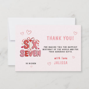 6 7 Birthday for Girls, Pink 7th Kids Party Thank You Card
