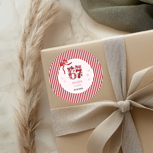 6 7 Birthday for Girls, Pink Kids 7th Birthday Classic Round Sticker (6 7 round sticker for a birthday party)