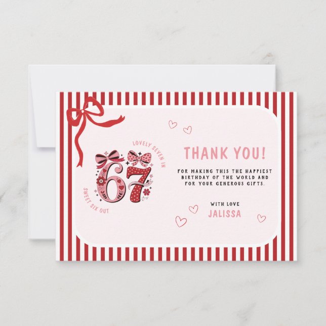 6 7 Birthday for Girls, Pink Kids 7th Birthday Thank You Card (Front)