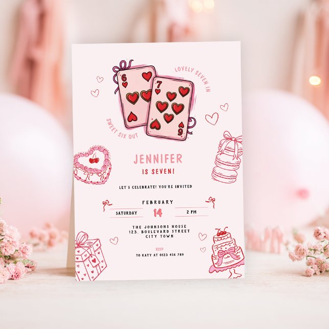 6 7 Birthday for Girls, Pink Six Seven Kids Party  Invitation (pink 6 7 kids girl's birthday party invitation)