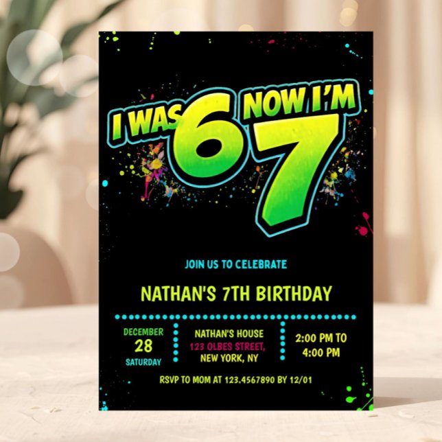 6 7 Boy Neon Six Seven Birthday Graffiti Invitation (7th birthday invitation, neon birthday invite, graffiti birthday invitation, glow party invite, I wa)