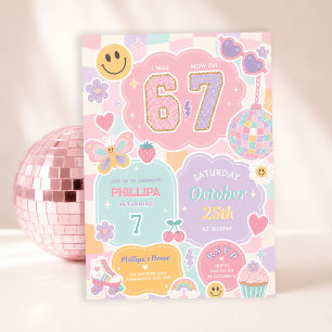 6 7 Girl Birthday: Groovy Pastel Checkered Rainbow Invitation