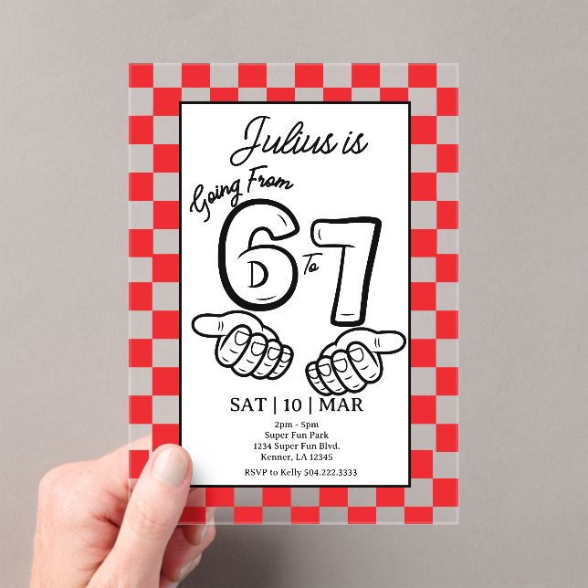 6 7 Meme Birthday Black Checkerboard Invitation (Insitu (Handheld))