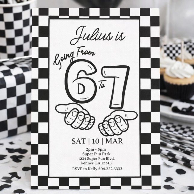 6 7 Meme Birthday Black Checkerboard Invitation (Creator Uploaded)