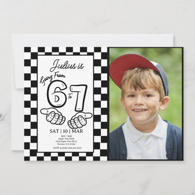 6 7 Meme Birthday Black Checkerboard Photo Invitation (Front)