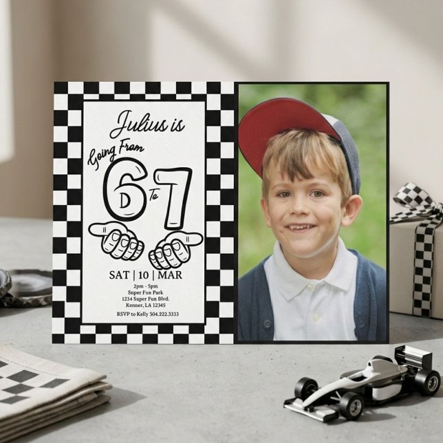 6 7 Meme Birthday Black Chequerboard Photo Invitation (Creator Uploaded)