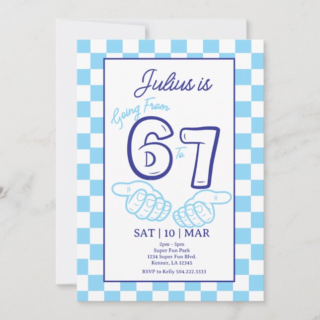 6 7 Meme Birthday Blue Checkerboard Invitation (Front)