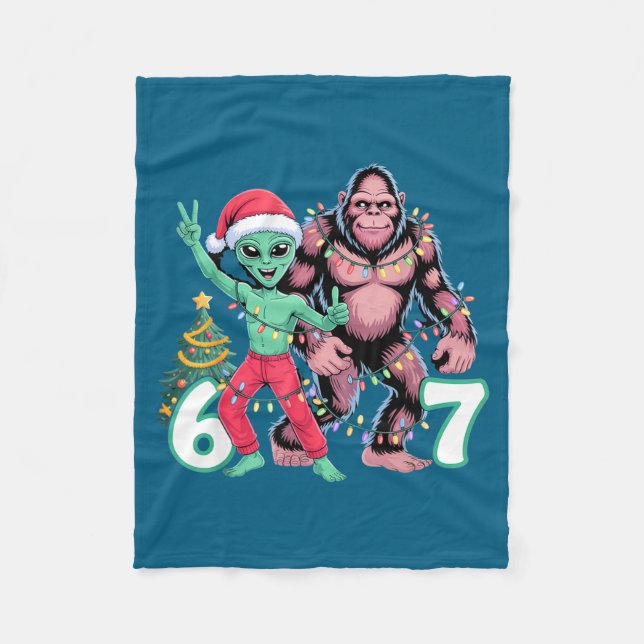 6 7 Meme Christmas Alien Sasquatch Six Seven Fun  Fleece Blanket (Front)