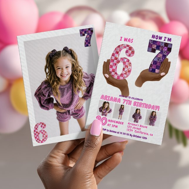 6 7 Meme Retro Pink Purple Checker Kids Birthday Invitation (6 7 Meme Retro Pink Purple Checker Kids Birthday Invitation)