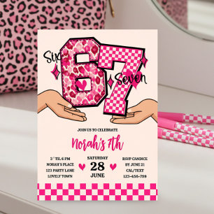 6 7 Meme Varsity Leopard Checkerboard Girl's Party Invitation