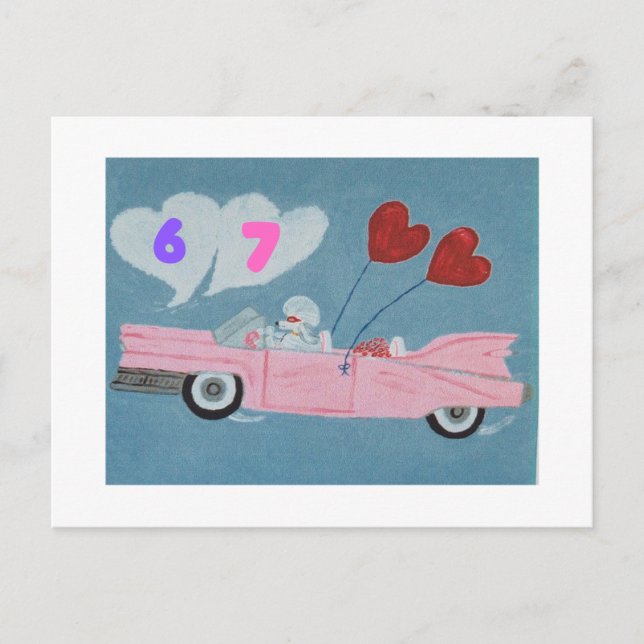 6 7 Poodle in Pink Classic Car flying in sky card (Front)