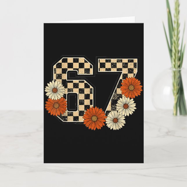 6 7 Retro Fall Meme Checkerboard Tee Haunted By 67 Card (Front)