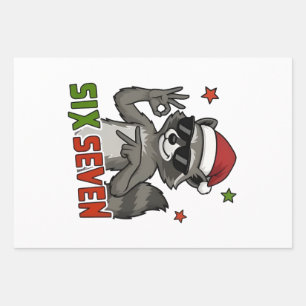  6 7 Six Seven Hand Gen Z Alpha Racoon Christmas Wrapping Paper Sheet