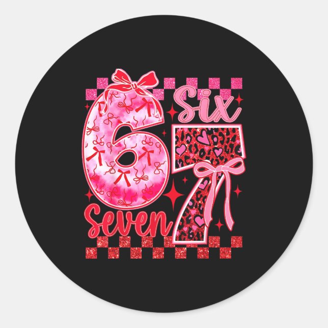 6 7 Six Seven Meme Coquette Bow Leopard Heart Vale Classic Round Sticker (Front)