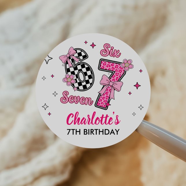 6 7 Six Seven Meme Trend Pink Girls 7th Birthday Classic Round Sticker (Creator Uploaded)
