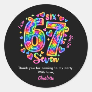 6 7 Six Seven Neon Girl 7th Birthday Party Favour Classic Round Sticker