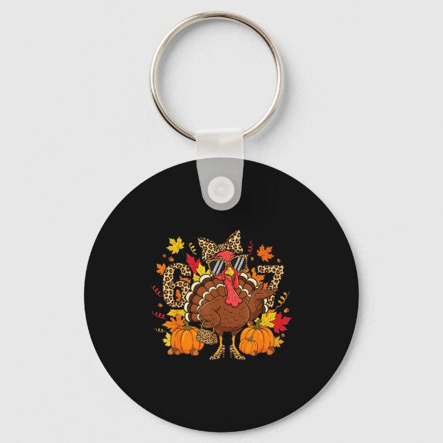 6 7 Thanksgiving Funny Leopard Bow Turkey Six Seve Key Ring (Front)