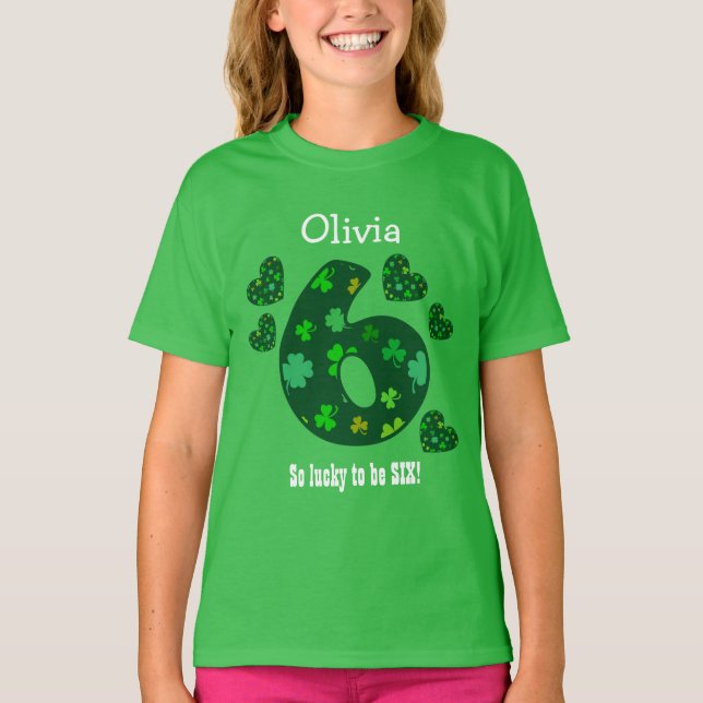 6 Birthday Girl Shamrock Number Custom Name V18A T-Shirt (Front)