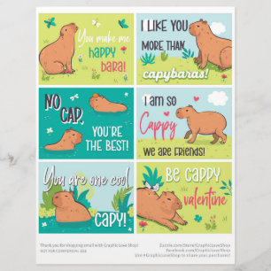 6 Capybara Kids Classroom Valentine's Day Cards Custom Letterhead
