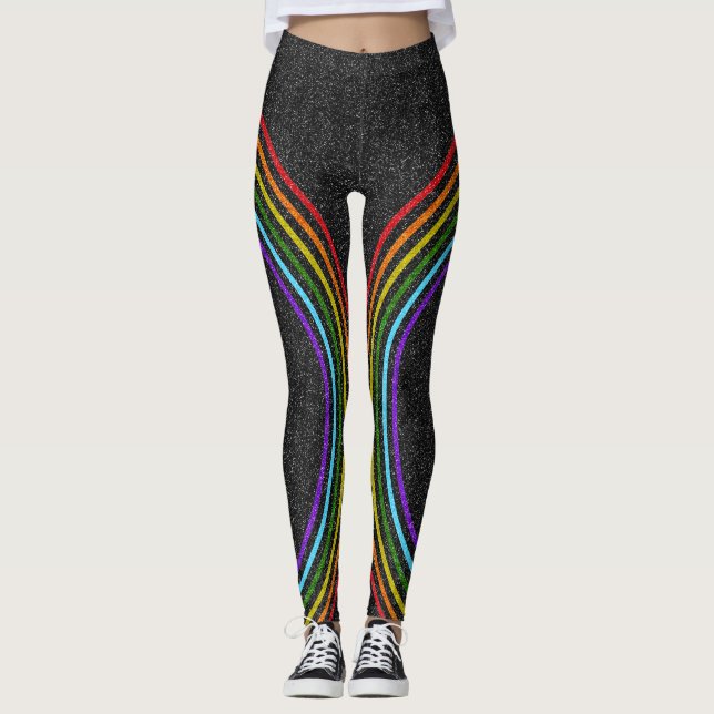 6 Colour Glitter Rainbow On Shiny Black LGBT Pride Leggings (Front)
