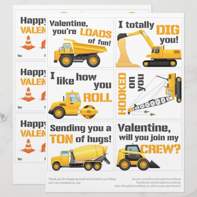 6 Construction Truck Classroom Valentine Cards Custom Letterhead (Front/Back)