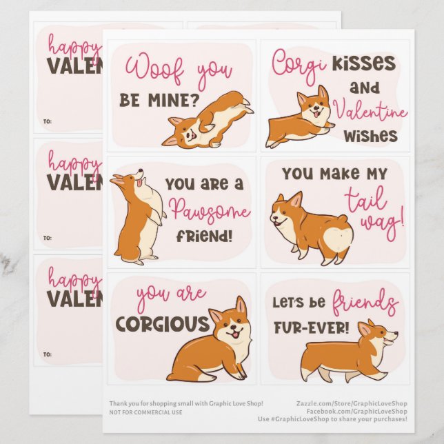 6 Corgi Dog Kids Classroom Valentine's Day Cards Custom Letterhead (Front/Back)