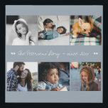 6 custom photo collage your text family elegant faux canvas print<br><div class="desc">"We are family name and this is our story since year" handwriting custom white brushed calligraphy script (changeable text) and your six family images over a solid dusty blue (changeable) background making a beautiful 6 photo collage faux canvas print to mark your anniversary with a keepsake gift! Easy to personalise...</div>