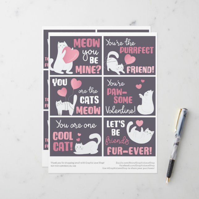 6 Cute Cat Kids Classroom Valentines Day Cards Custom Letterhead (Front/Back In Situ)
