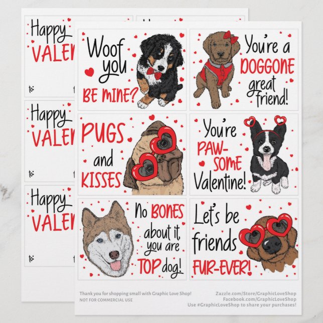 6 Cute Dogs Kids Classroom Valentines Day Cards Custom Letterhead (Front/Back)