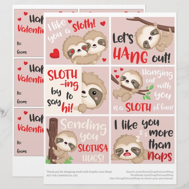 6 Cute Sloth Kids Classroom Valentine's Day Cards Custom Letterhead (Front/Back)