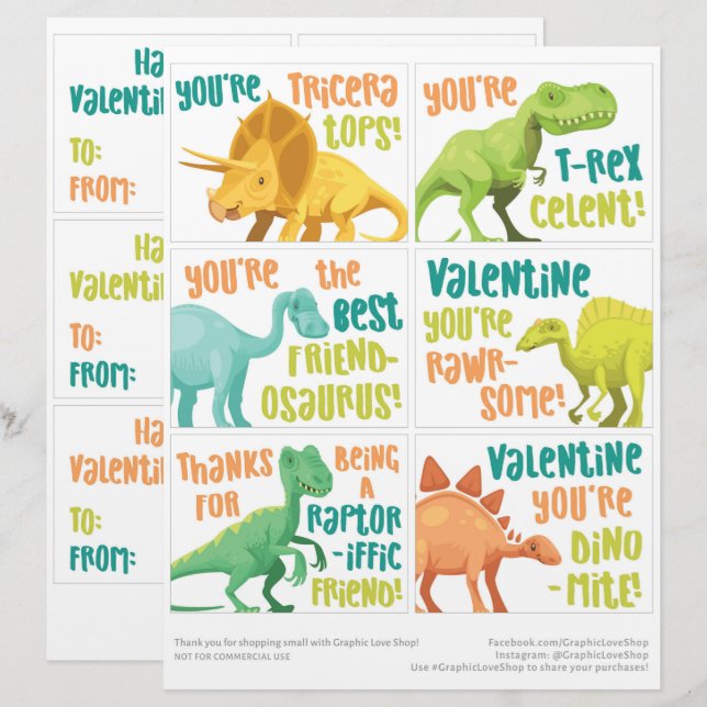 6 Dinosaur Kids Classroom Valentines Day Cards Custom Letterhead (Front/Back)