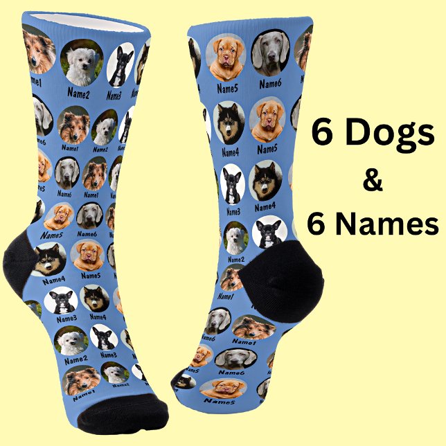 6 Dogs, 6 Names, Dog Photo - Personalised Blue Socks (Creator Uploaded)