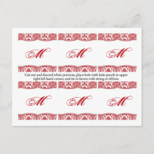 6 Favour Tags Red White Damask Lace Print Pattern Postcard