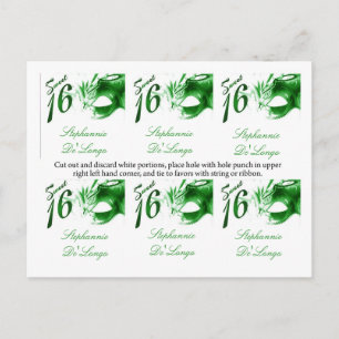 6 Favour Tags Sweet 16 Green Party Mask Invitation Postcard