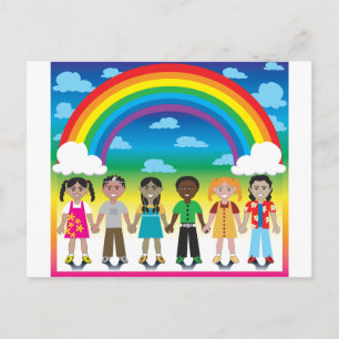 6 happy kids under a rainbow with a colourful back postcard