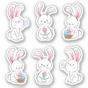 6 illustrated White Easter Bunny scrapbook Sticker