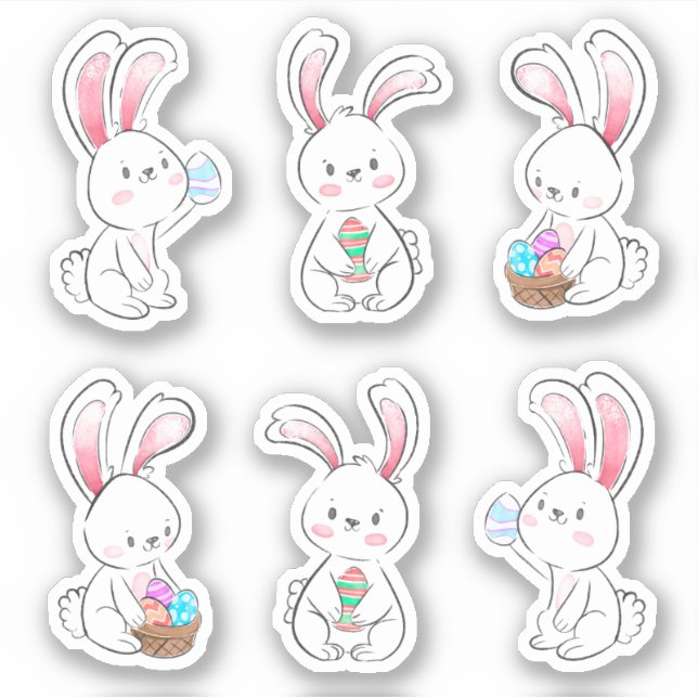 6 illustrated White Easter Bunny scrapbook Sticker (Front)
