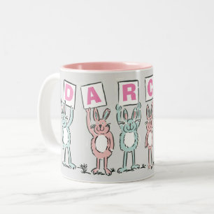 6 Letter Name With Fun Rabbits Two-Tone Coffee Mug