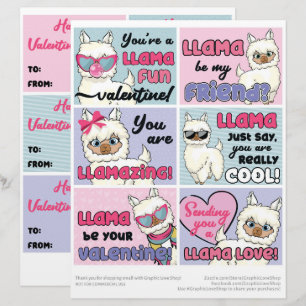6 Llama Kids Classroom Valentines Day Cards Custom Letterhead