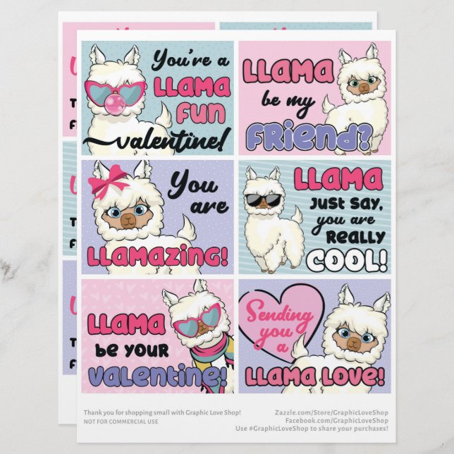 6 Llama Kids Classroom Valentines Day Cards Custom Letterhead (Front/Back)
