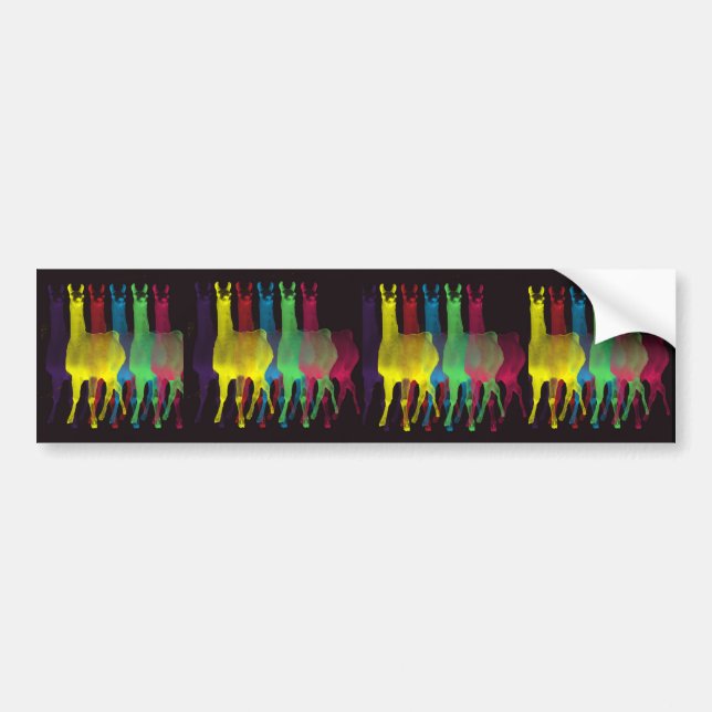 6 llamas in 6 colours on black background bumper sticker (Front)