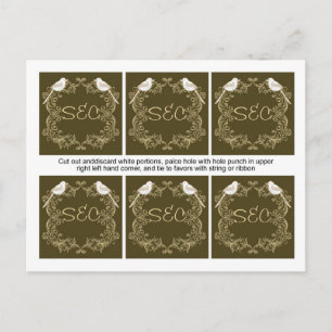 6 Love Birds Brown/Creme Wedding Favour Tags Postcard