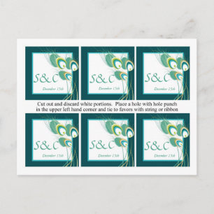 6 Modern Teal Peacock Wedding Favour Tags Postcard
